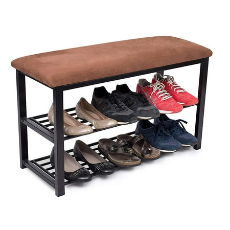 Entranceway Storage BIRDROCK HOME Storage Shoe Rack Bench for Entryway | Brown | Cushion Seat | Metal | Entrance Sitting | Shoe Holder | Front Door Organizer | Home Storage ()