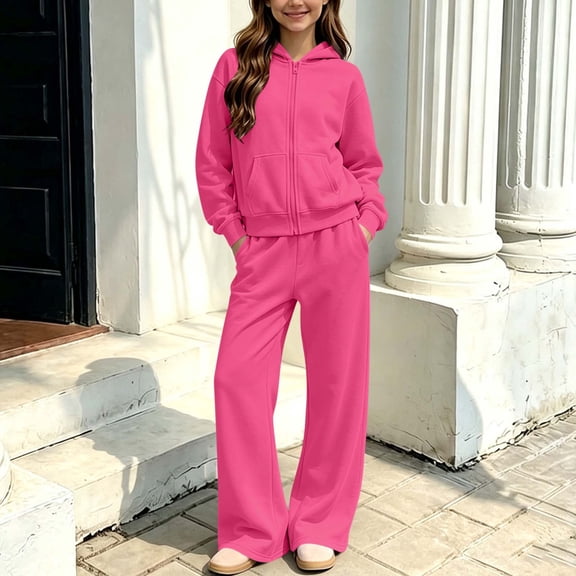 Children Winter Warmth Two-piece Set Hooded Zipper Sweatshirt Coat Wide-leg Pants Sports Fleece-lined Sets