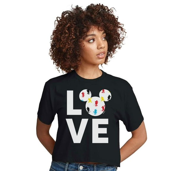 Mickey & Friends - Mickey Love Fill - Juniors Cropped Cotton Blend T-Shirt