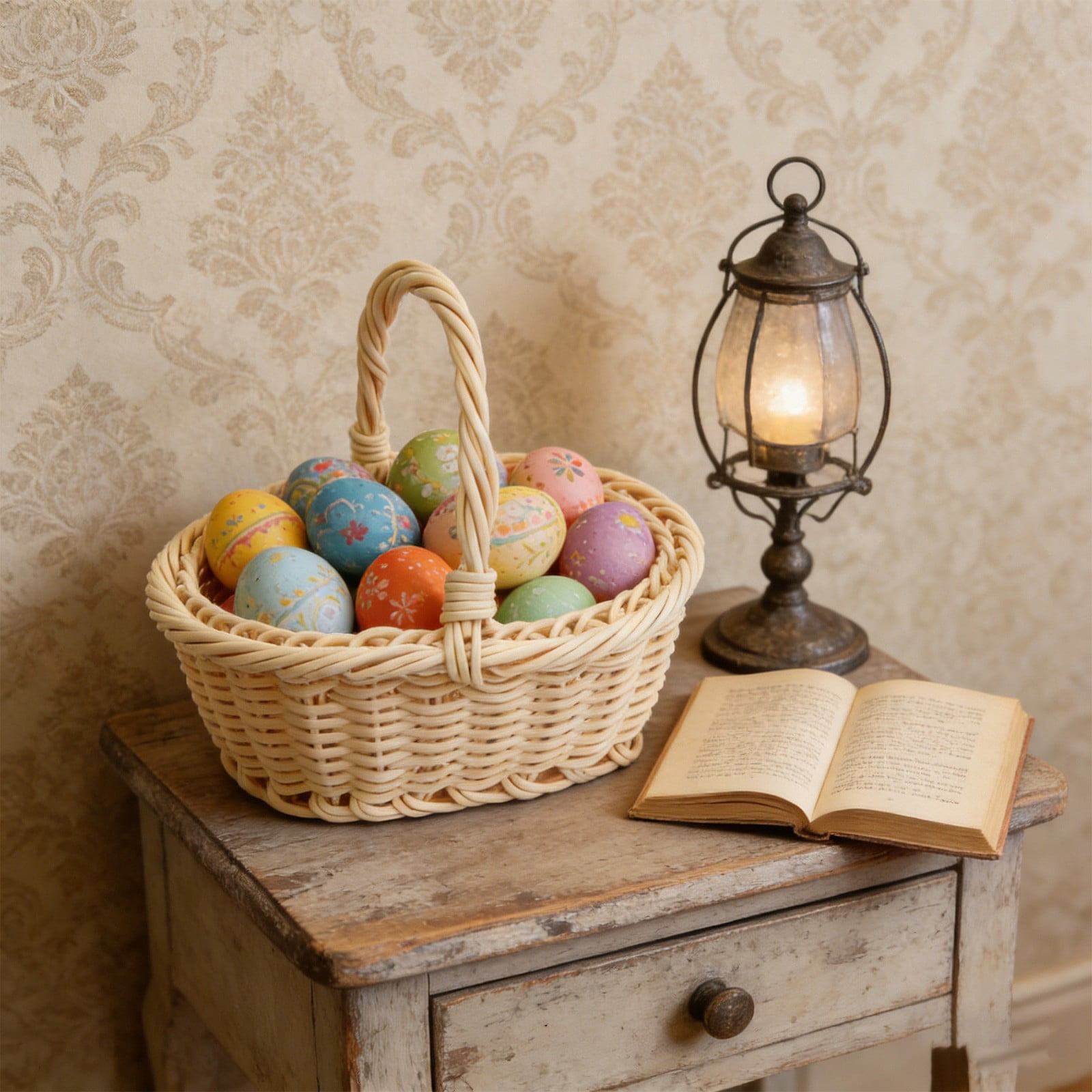 Hyknon Wicker Rattan Flower Girl Basket with Handle Small Hand Woven Gift Storage Basket for Easter Wedding Ceremony Party Supplies
