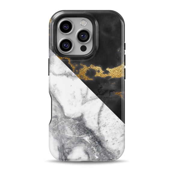 DesignSkinz Scratch-Resistant Hard Slim Case Compatible with iPhone 16 (Compatible with MagSafe) - White-Black Marble & Digital Gold Foil V1