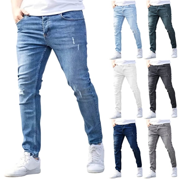 LMOIPLI Mens Slim Fit Distressed Jeans Washed Denim Fabric Stretch Comfortable Casual Streetwear Trousers Light Blue M