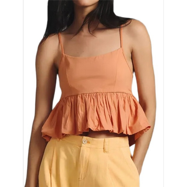 Women Y2k Ruffle Hem Spaghetti Strap Going Out Crop Tops Sleeveless Babydoll - Shirts Orange Color S