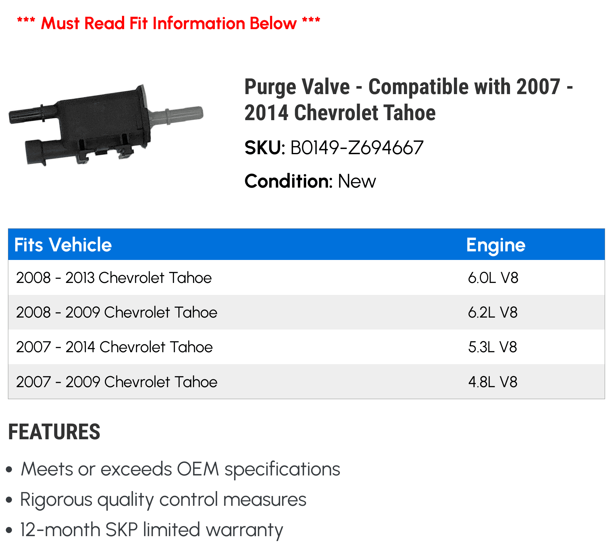 Purge Valve - Compatible with 2007 - 2014 Chevy Tahoe 2008 2009 2010 2011 2012 2013