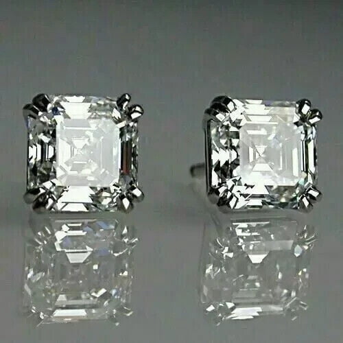 Anniversary Gift Screw Back Stud Earrings 14k White Gold Plated 925 Silver 2Ct Asscher Cut Real Moissanite