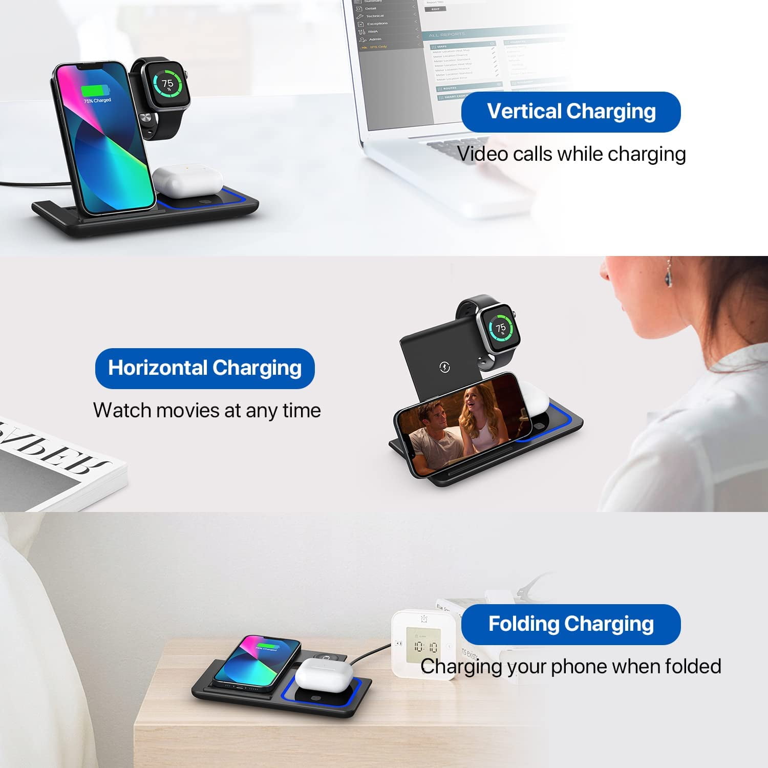 Wireless Charger, 3 in 1 Wireless Charging Station, Fast Wireless Charger Stand for iPhone 14/13/12/11/Pro/Max/XS/XR/X/8/Plus, for Apple Watch 7/6/5/4/3/2/SE, for AirPods 3/2/Pro