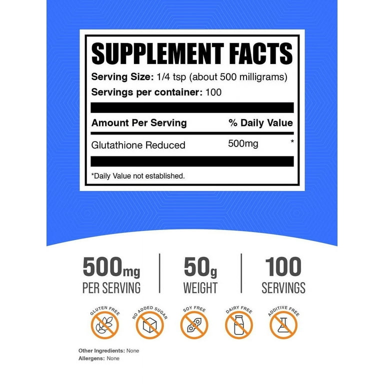 BulkSupplements.com Glutathione Powder, Reduced Form, 500mg per Serving, 50  Grams, 100 Servings - Walmart.com