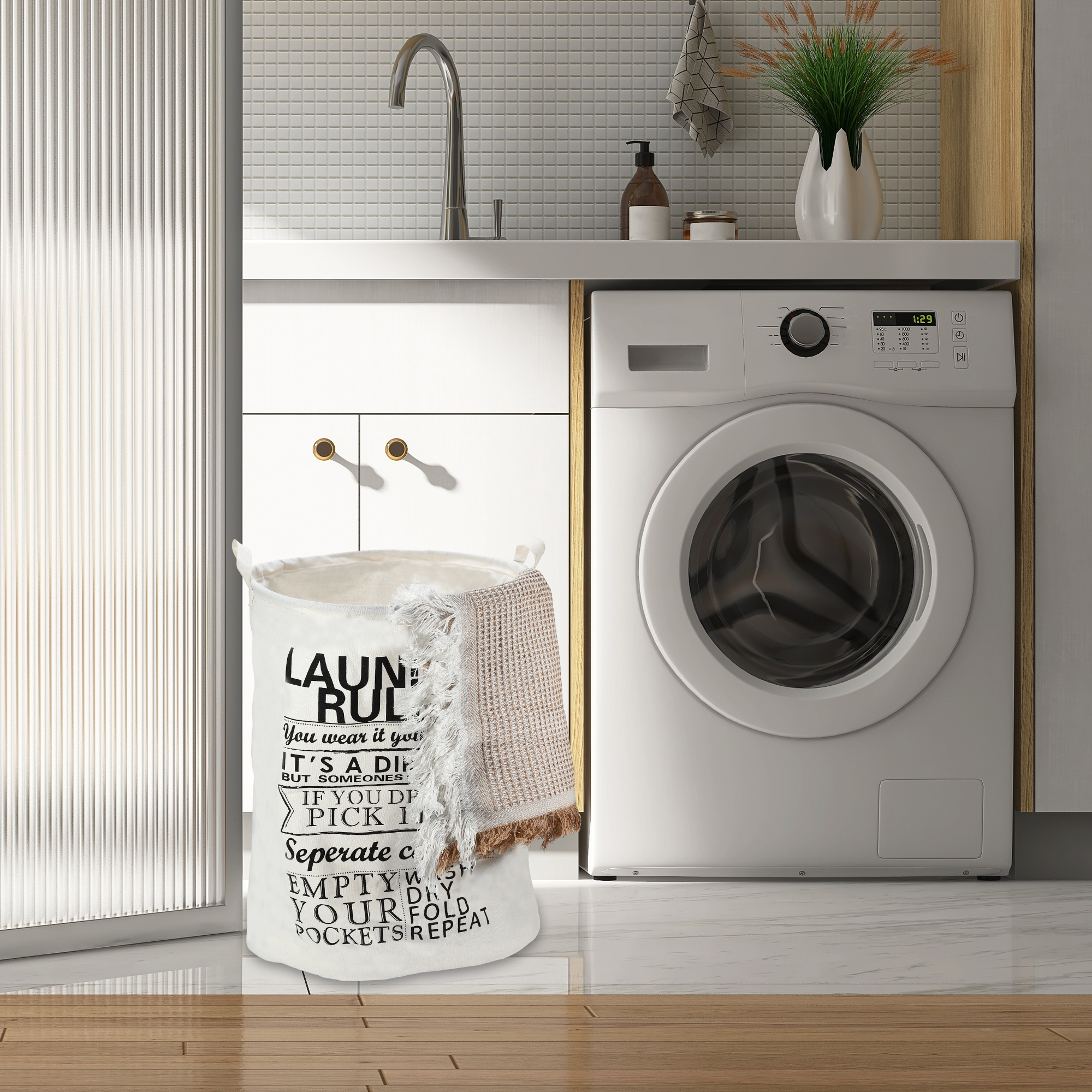 Unique Bargains Foldable Cylindrical Laundry Basket 19.69"x15.75" 60L Black 1 Pc Rules