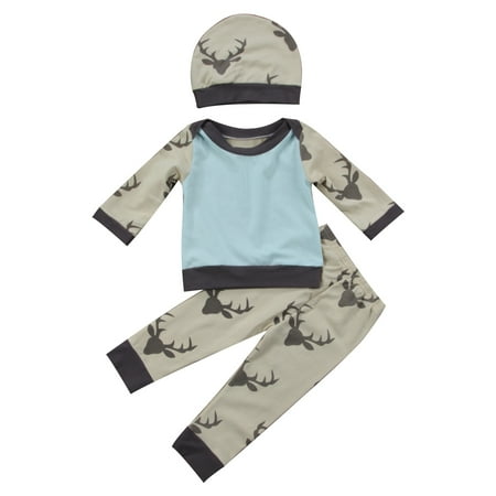 

Sunisery Infant Baby 3Pcs Outfit Set Deer Head Printed Envelope Neckline Top+Elastic Band Pants+Beanie Hat