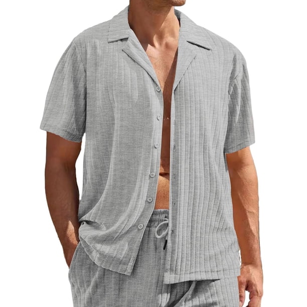 Mens Casual Manga Corta Botón Abajo Camisas de Moda Botón Sólido Turndown Cuello Blusas, Camisa Ligera Casual