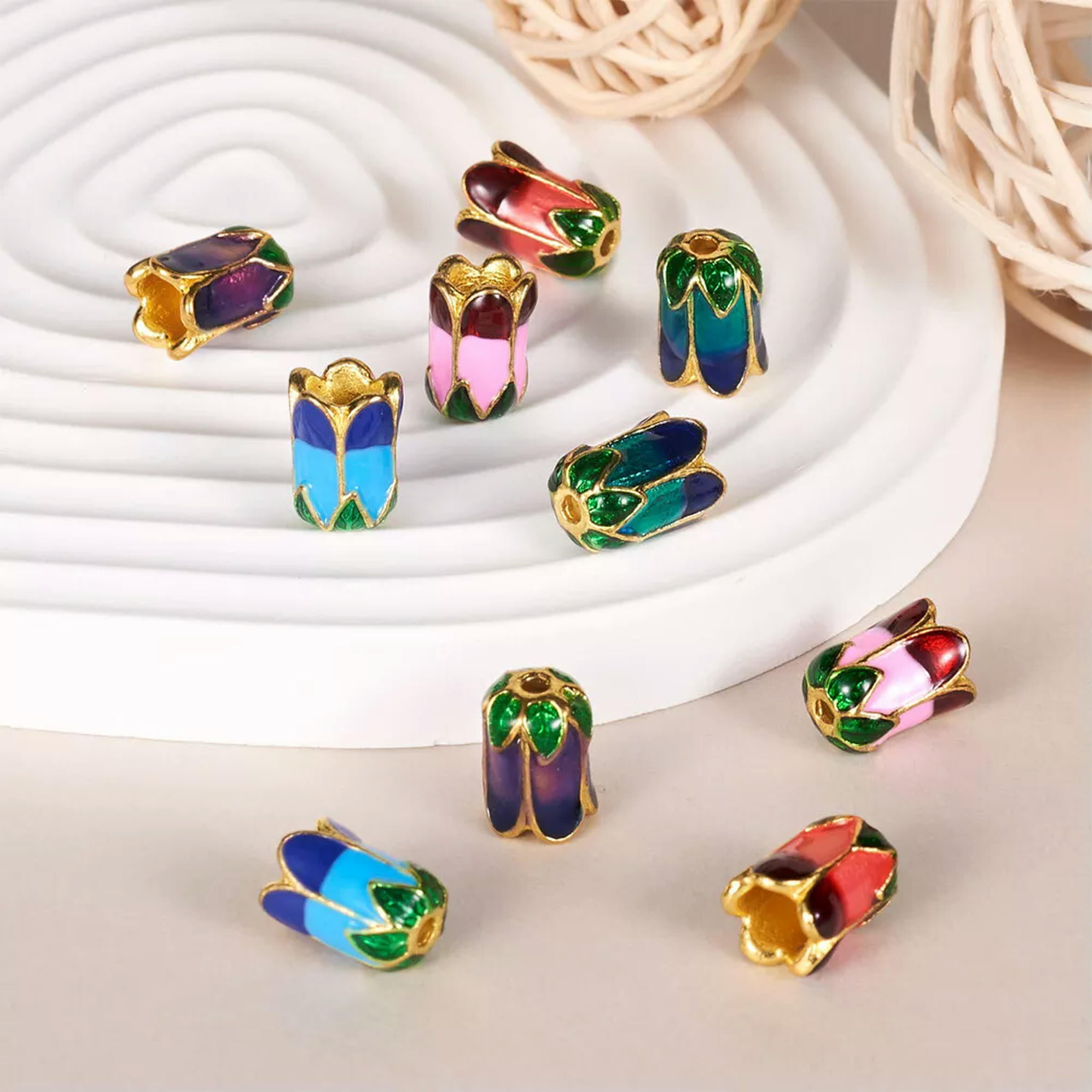 U8MO 20pc 5 Color 5-Petal Flower Alloy Enamel Bead Caps Loose Spacer Bead Cone 11x8mm