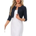 thumbnail image 4 of INSPIRE CHIC Women's 3/4 Sleeve Shrug Collarless Pleated Open Front Cropped Cardigan M Dark Blue, 4 of 6