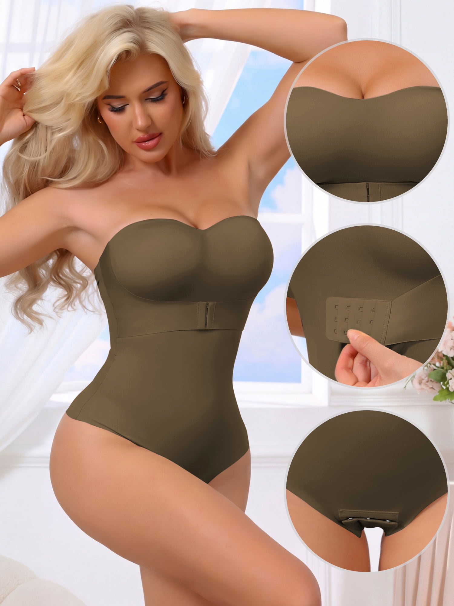 DARING DIVA Women's Strapless Shapewear Front Hook Push Up Bodysuit M Brown