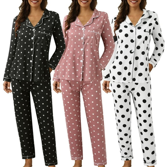 Womens Polka Dot Print Pajama Set Lapel Button Long Sleeve Two Piece Comfort Sleepwear