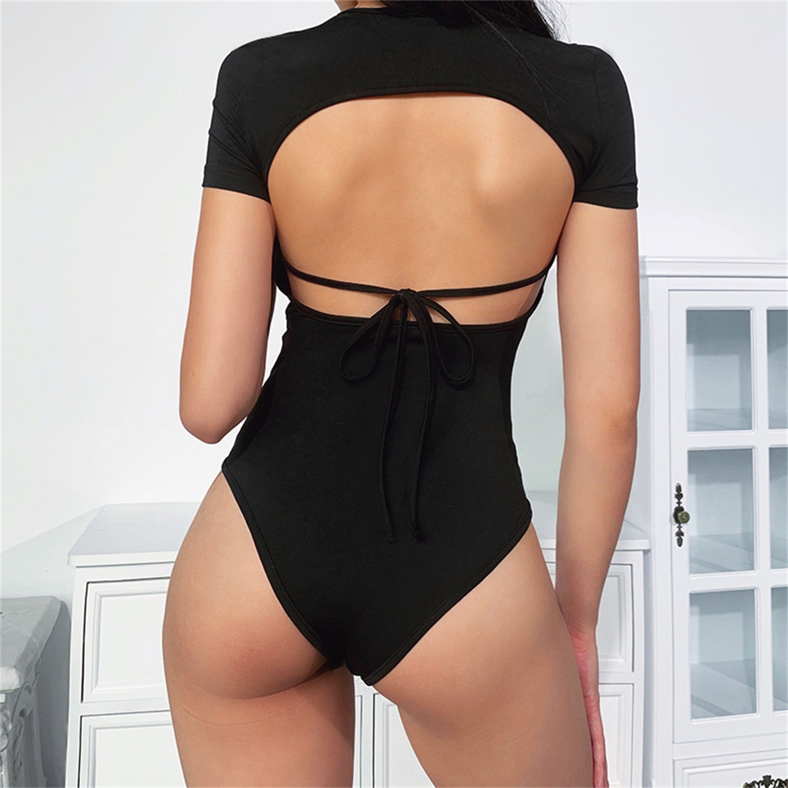 Bodysuits for Women summer new sexy slim fitting round O open back