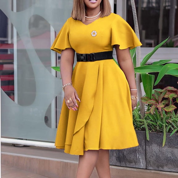 AURA Plus Size Trumpet Sleeve A Line Midi Dress High Waist Belted Crewneck Solid Color Summer Casual Elegant Dress
