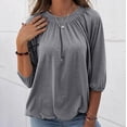thumbnail image 4 of Grey T Shirts For Women's Fashion Solid Round Neck T Shirt Blouse 3/4 Sleeve Loose Pleated Tops, 4 of 8