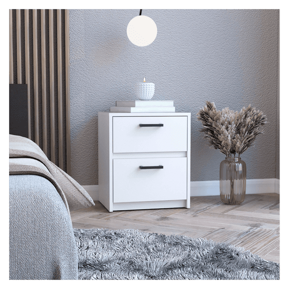 Nightstand with 2 Drawers, End Table, Side Table - White Metal Handle; 15.7" W x 12.7" D; Bedroom & Living Room Furniture White   2 Drawers