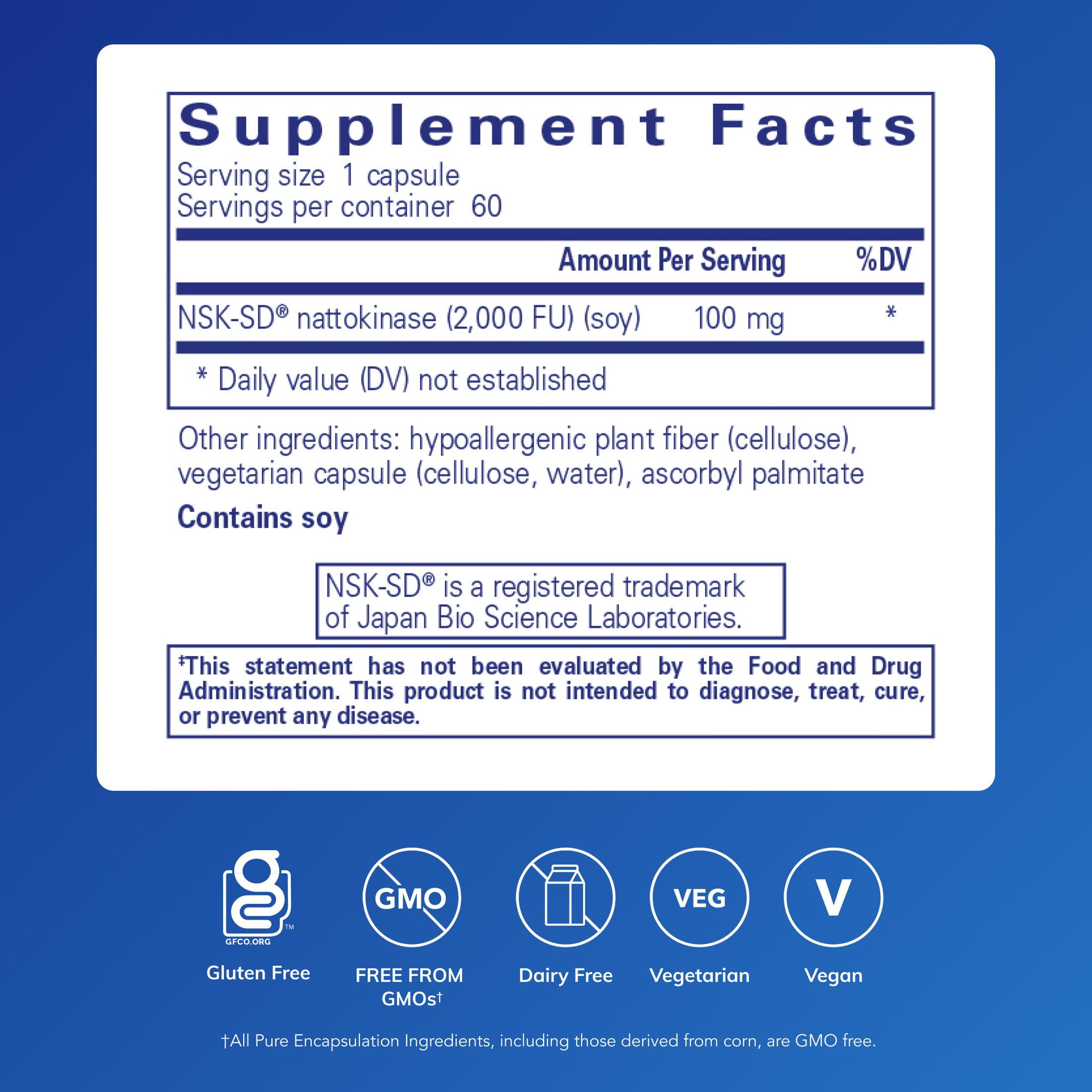 Pure Encapsulations NSK-SD - 100 mg Nattokinase - For Normal Blood Circulation - Supports Fibrinolytic Activity* - Gluten Free & Non-GMO - 60 Capsules