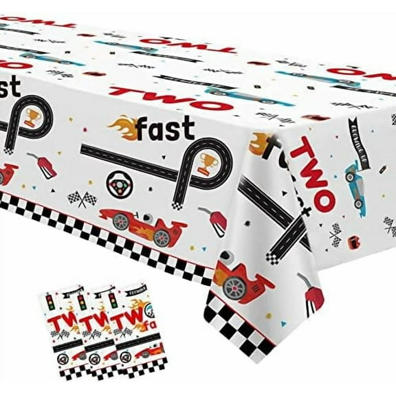 Race Car Two Fast Birthday Tablecloth Decorations, Disposable Race Car 2nd Birthday Party Table Cover Supplies, 3 Pack, 54in x 108in