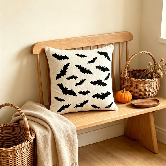 Halloween Embroidered Throw Pillow with Insert, Square Ghost Mummy Bat Pattern Cushion, Soft Decorative Pillow for Sofa Couch Indoor Seasonal Home Decor, 18 inch, A by XSAOP