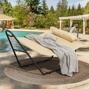 Uforic Outdoor Double Hammock Set, Quilted Fabric Swing with 12ft Steel Stand, Beige
