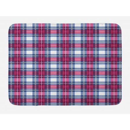 Plaid Bath Mat, Classical British Tartan Design with a Modern Look Pink and Blue Tile Pattern, Non-Slip Plush Mat Bathroom Kitchen Laundry Room Decor, 29.5 X 17.5 Inches, Blue Pink Grey,