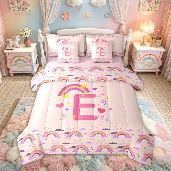 Feelyou Cartoon Dinosaur Letter A Print Twin Bedding Sets for Boys Girls, Cute Animal Bedding Comforter Set, Blue, Pink Reversible, 7pcs