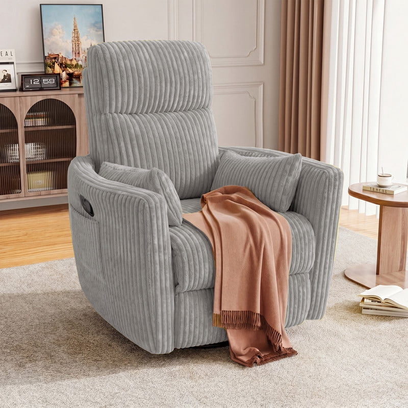 Furmax 360° Swivel Recliner Power Massage Rocker Chair Adult Glider Rocker with 2 Comfy Pillows for Nursery,Corduroy Gray