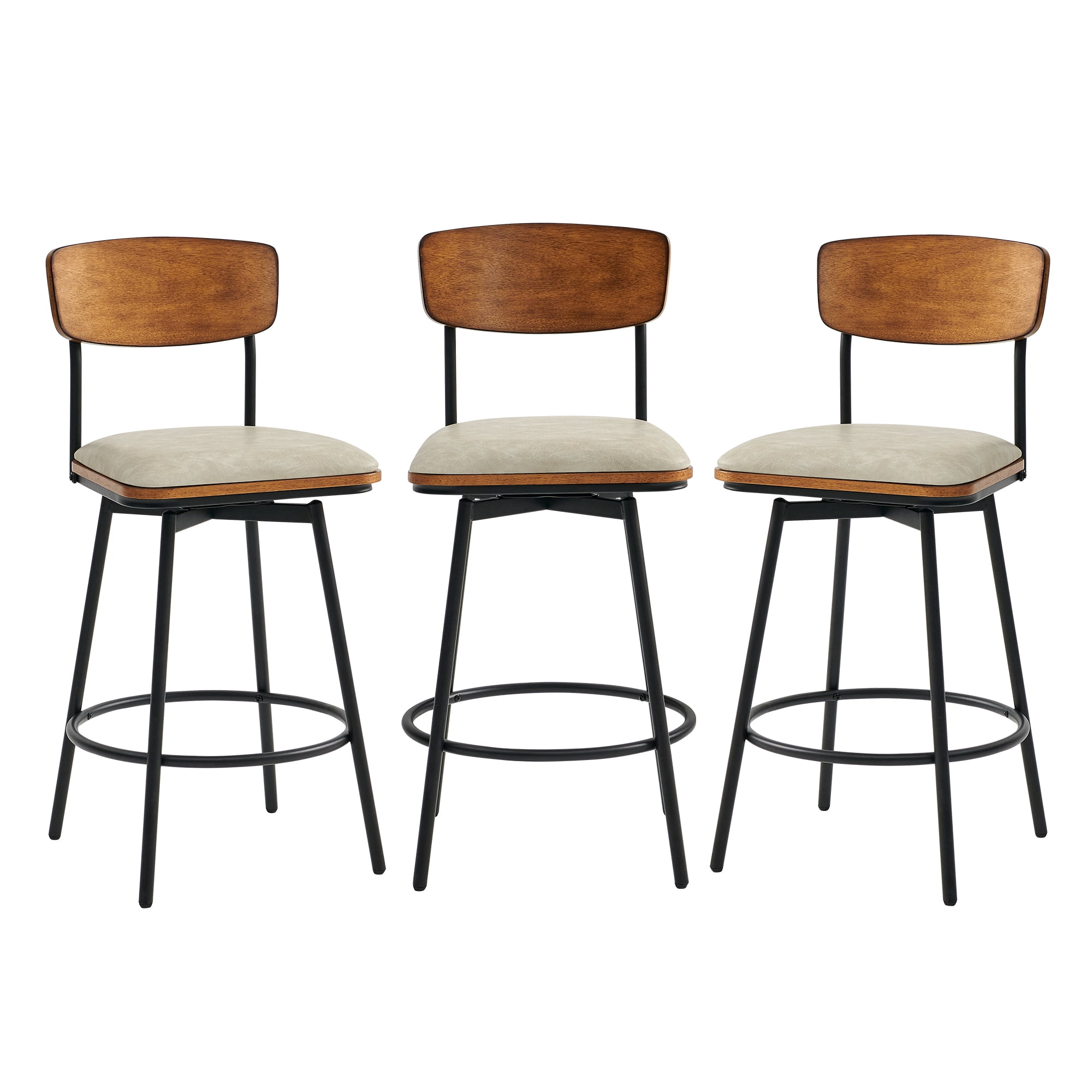 Spruce & Spring Counter Height Swivel Bar Stool with Wood Back and Metal Base Set of 3, Sand Grey, Faux Leather