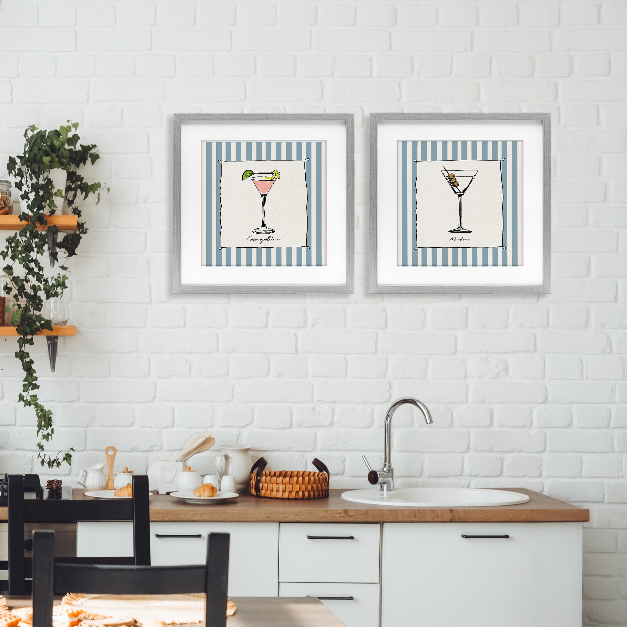 Stupell Industries Summer Drinks on Stripes 2 Piece Gray Framed Print Under Glass Set, design by Susan Jill