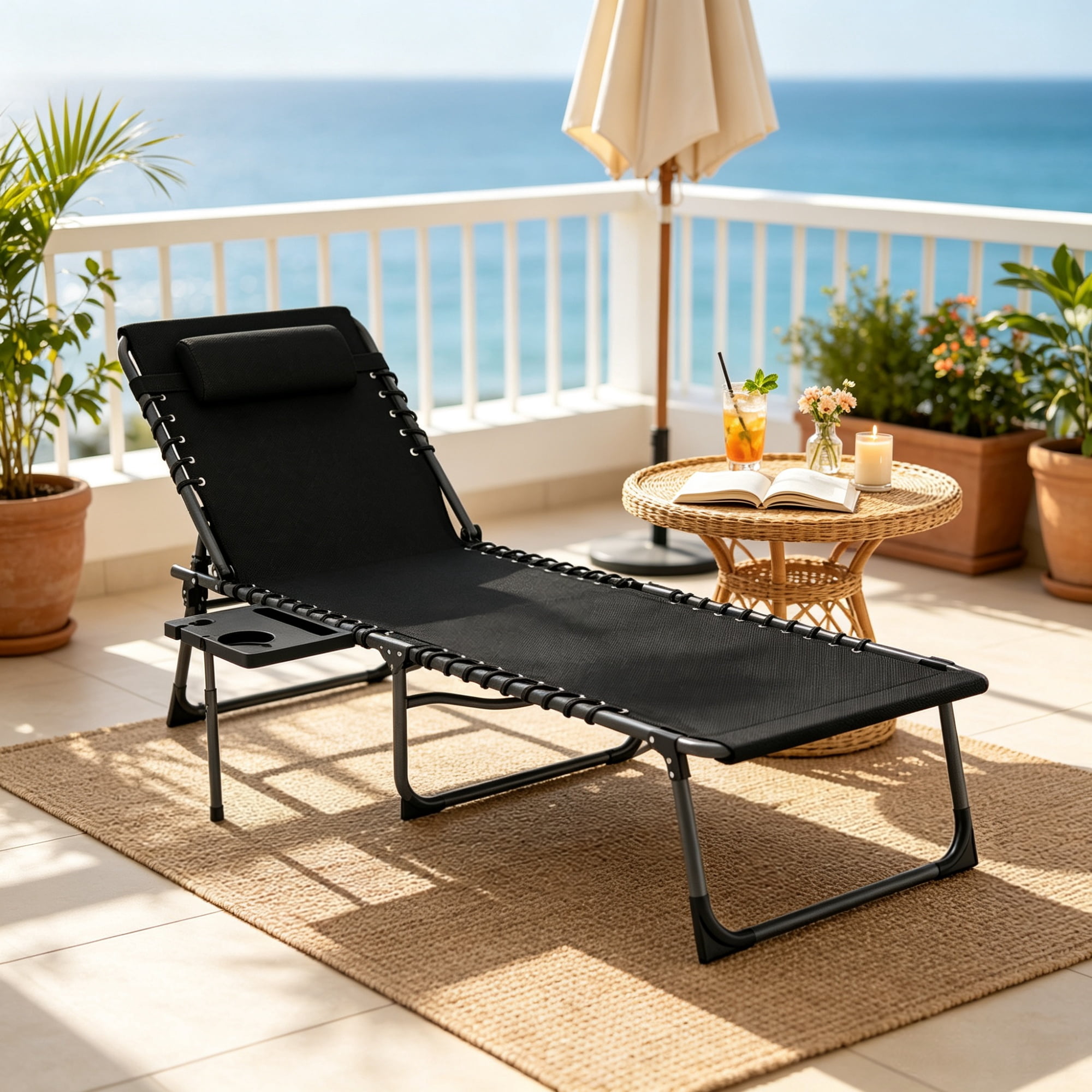 Outdoor Folding Chaise Lounge Chair, 5-Level Adjustable Tanning Chair, with Side Table, Pillow, Pocket, Black