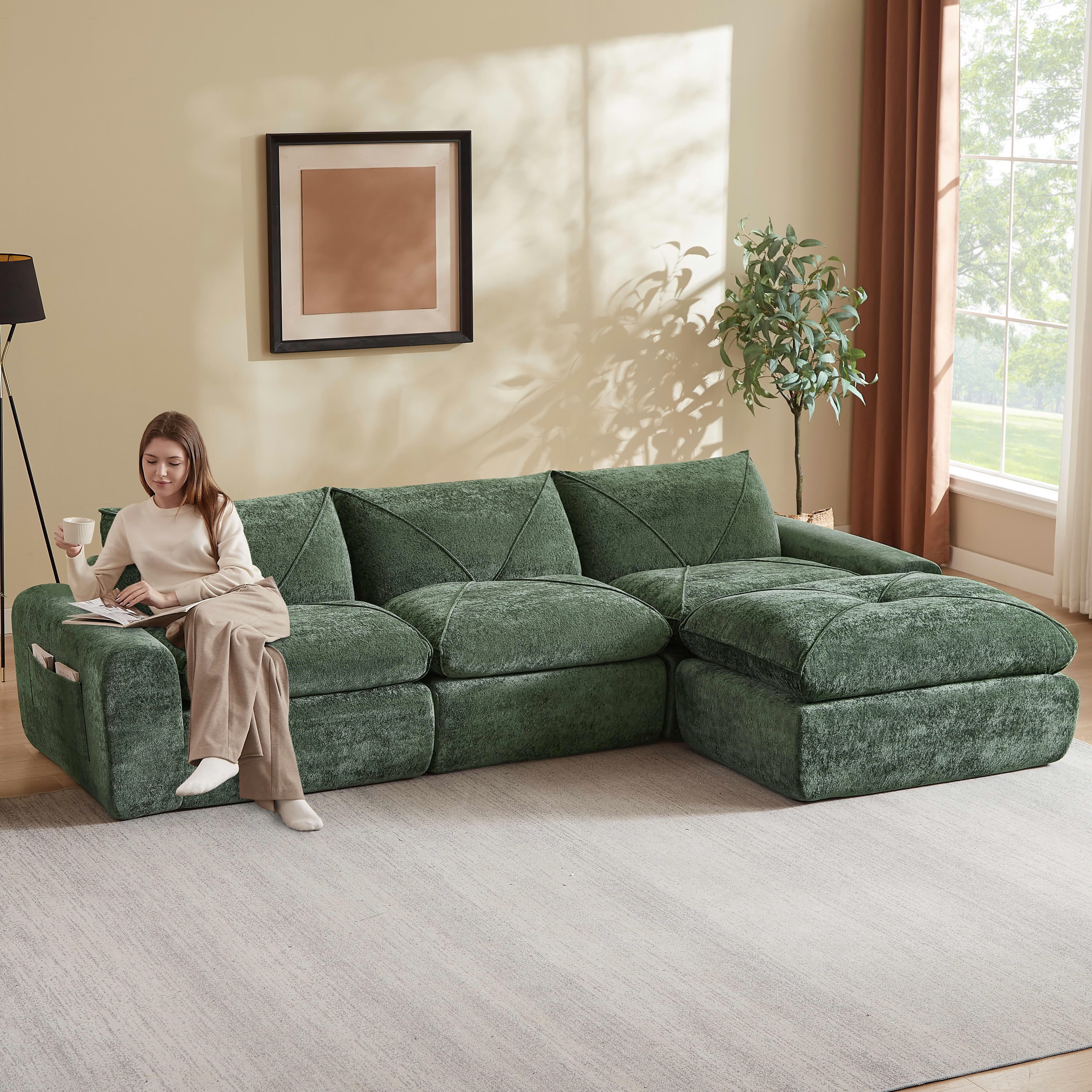 MAYEERTY 119" Green Chenille L-Shaped Modular Sectional Sofa, Spring Support for Living Room Apartment