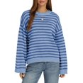 thumbnail image 3 of Womens Long Sleeve Sweater Striped Oversized Sweaters Casual Crewneck Knit Tops Light Blue S, 3 of 8