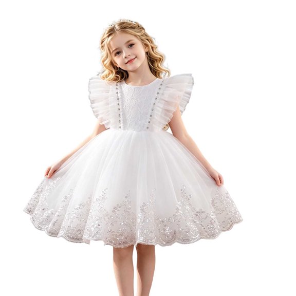 Makaor Flower Girl Dress for Weddings Ruffle Ruched Formal Dresses Mesh Cap Sleeve Ball Gown Dress Empire Waist Birthday Party Dresses