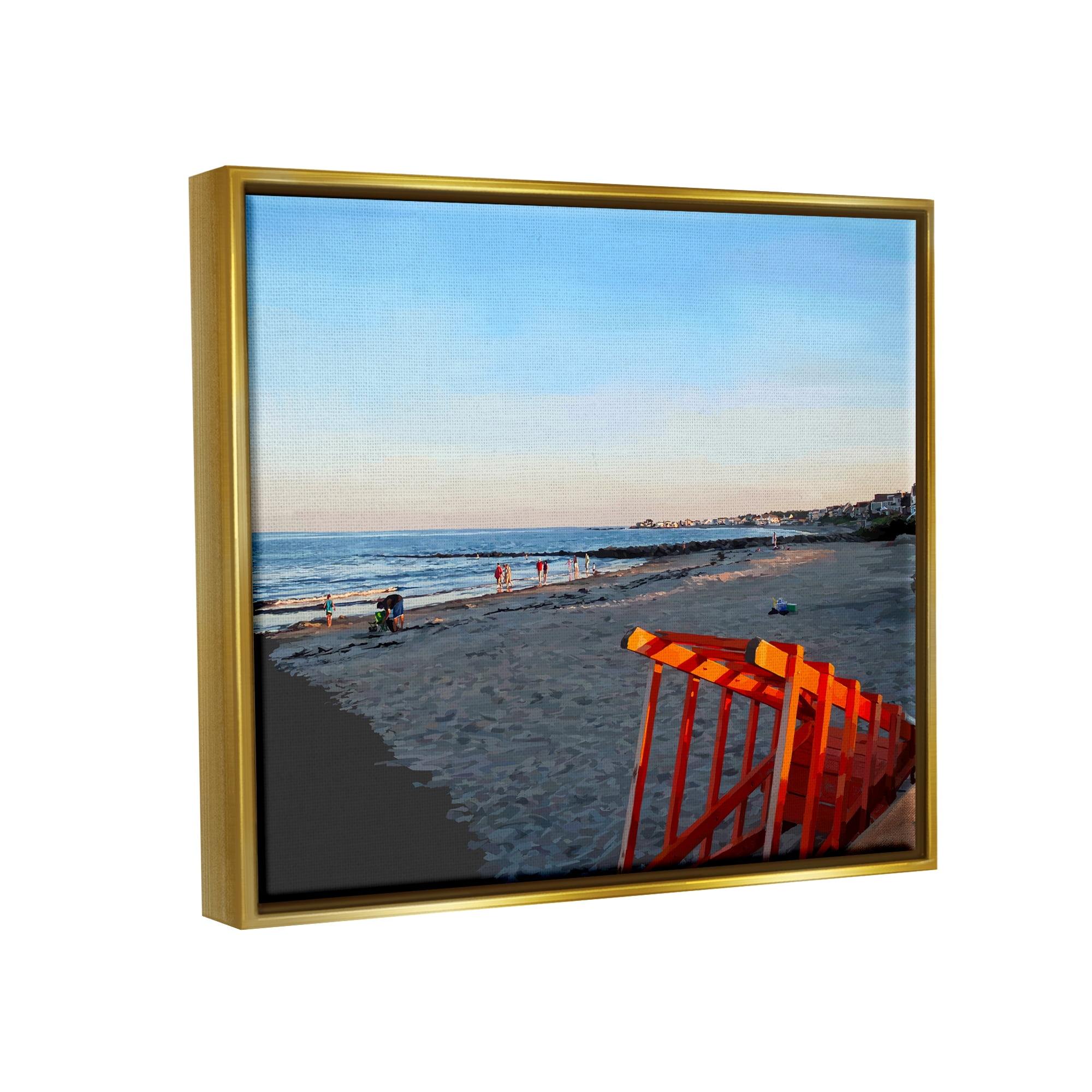 Stupell Beach Walkway People Lounging Landscape Painting Gold Floater Framed Art Print Wall Art