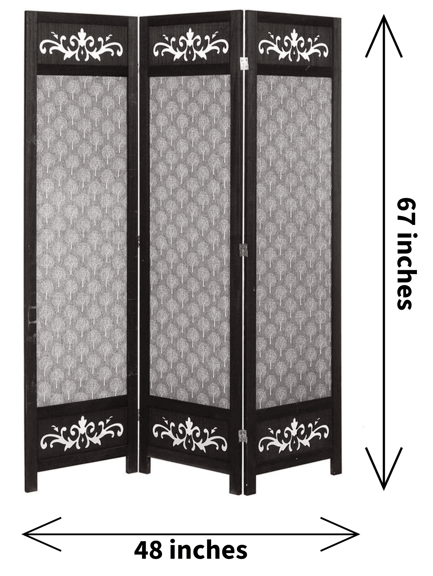 3 Panel Room Divider Solid Wood and Canvas with Decorative Cutouts Tree Design 67" Tall Black