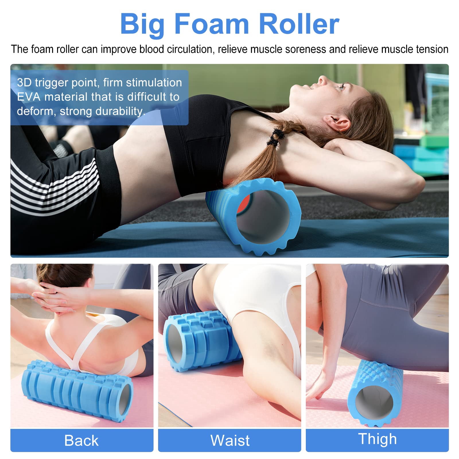 5 In 1 Foam Roller Set Includes Hollow Core Massage  Yoga Stick Ball Fitness Stretching Strap Carrying Bag Towel (blue)