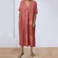 thumbnail image 2 of Casual Loose Dress for Women V Neck Cotton Linen Midi Dress with Pockets Comfy Summer Lounge Sleepwear Outfit, 2 of 7
