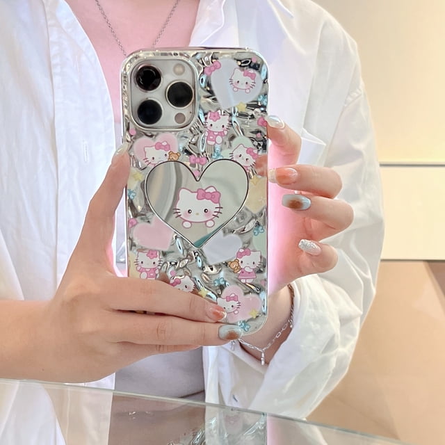 Funda de teléfono móvil con correa de teléfono galvanizada plateada con espejo de corazón amoroso de hello kitty rosa de dibujos animados para Iphone 12 13 14 15 Pro Max
