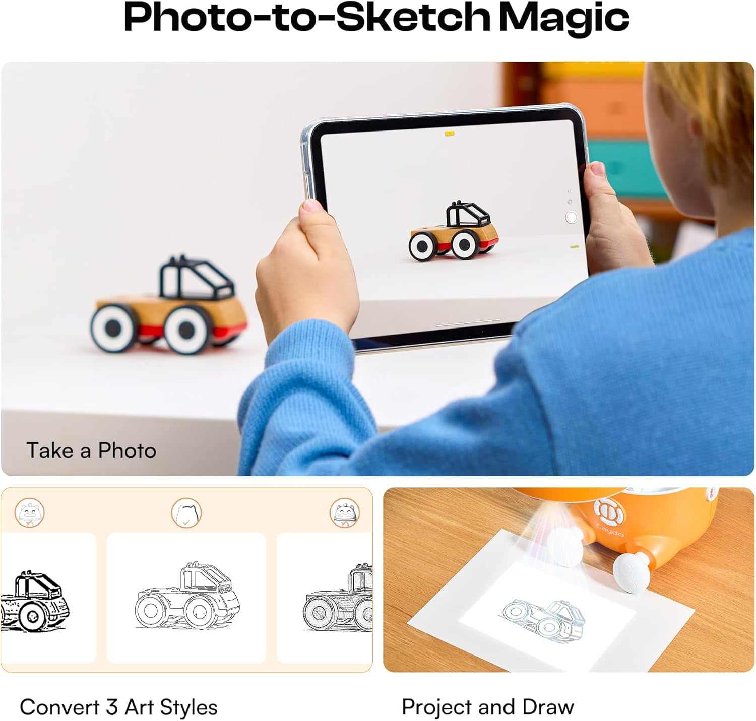 Caydo T3 Smart Drawing Projector Kit, Includes 12 Colored Pencils, 36 Acrylic Paint Markers, 24 Watercolor Markers & 50 Sheet Drawing Paper, Art Gift for Kids Ages 5-10 for Birthday & Christmas