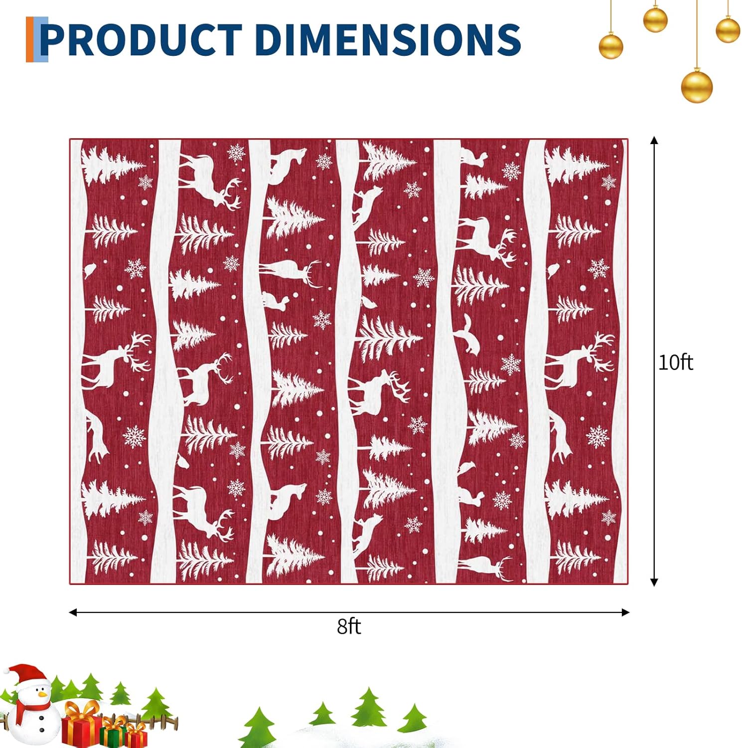 Garvee 8x10 ft Christmas Rug, Washable Non Slip Low Pile Carpet, Xmas Tree Reindeer Snowflake Indoor Rug for Entryway, Kitchen, Living Room, Red