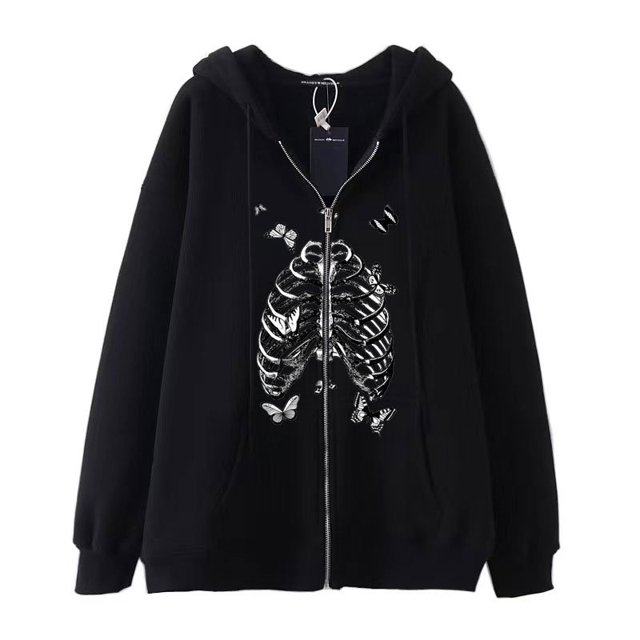 Sudadera con capucha y cremallera con estampado de esternón Harajuku gótico oscuro hip-hop para hombres y mujeres chaqueta Harajuku sudadera