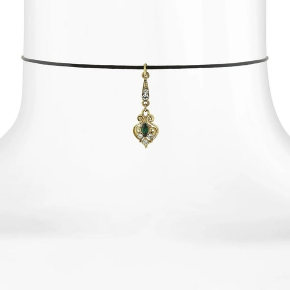 1928 Jewelry Black Choker Green And Crystal Accent Drop Necklace 14   5 Extender