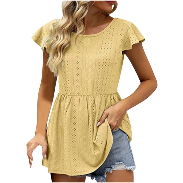 Blusas casuales de manga corta con cuello redondo de color sólido para mujer OAVQHLG3B Store lin121212