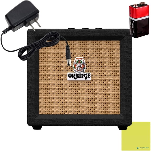 Orange Crush Amp Black Mini 3W Analogue Combo Battery Powered Amp Bundle with AC Power Adapter, 9V Battery & Polishing Cloth - Electric Bass Guitar Amp, Portable Practice Amp, Mini Speaker Amplifier