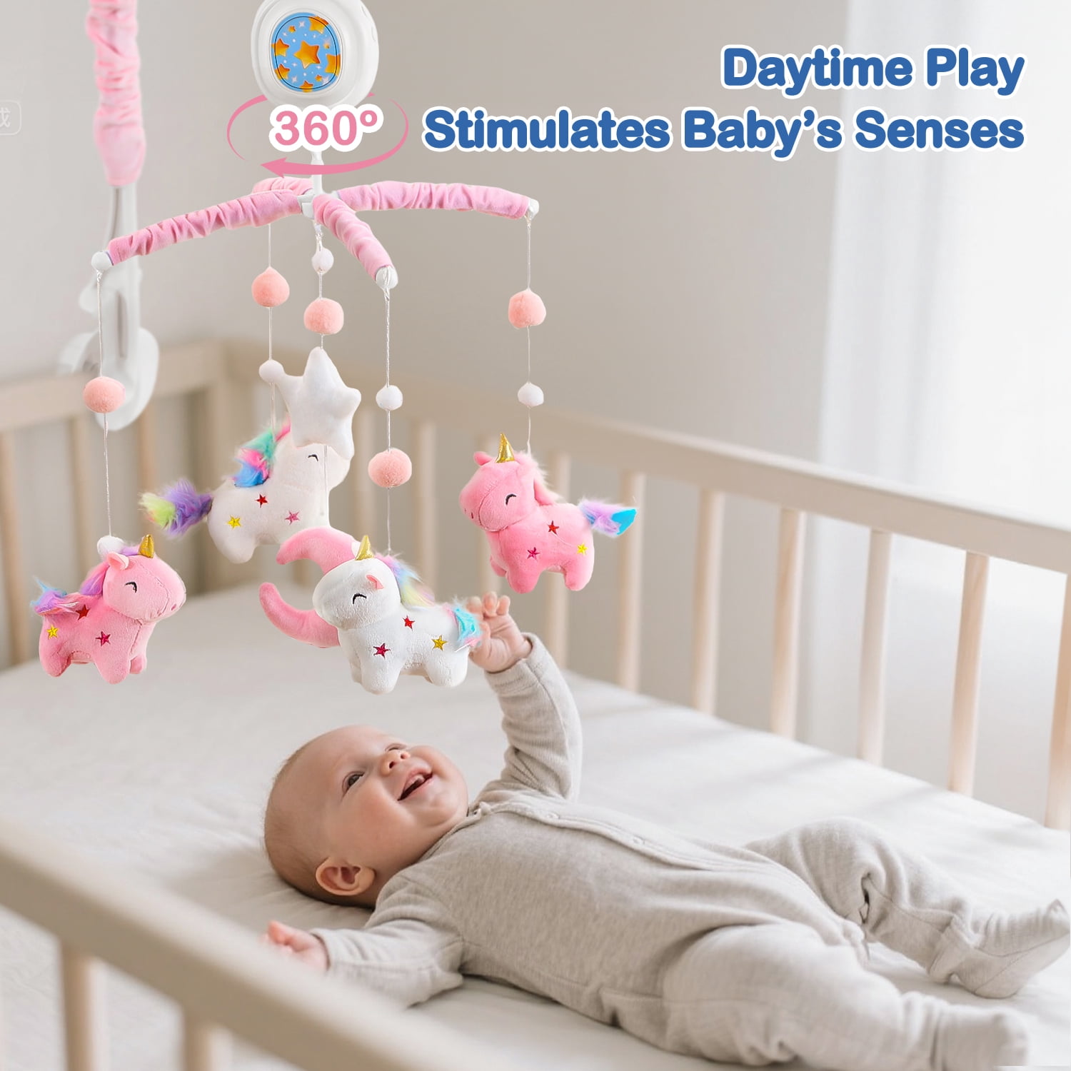 Unicorn Baby Crib Mobile for Girls with Music Box (100+ Lullabies), Rotating Plush Crib Toys for Newborns, Infant, Baby Shower Gift