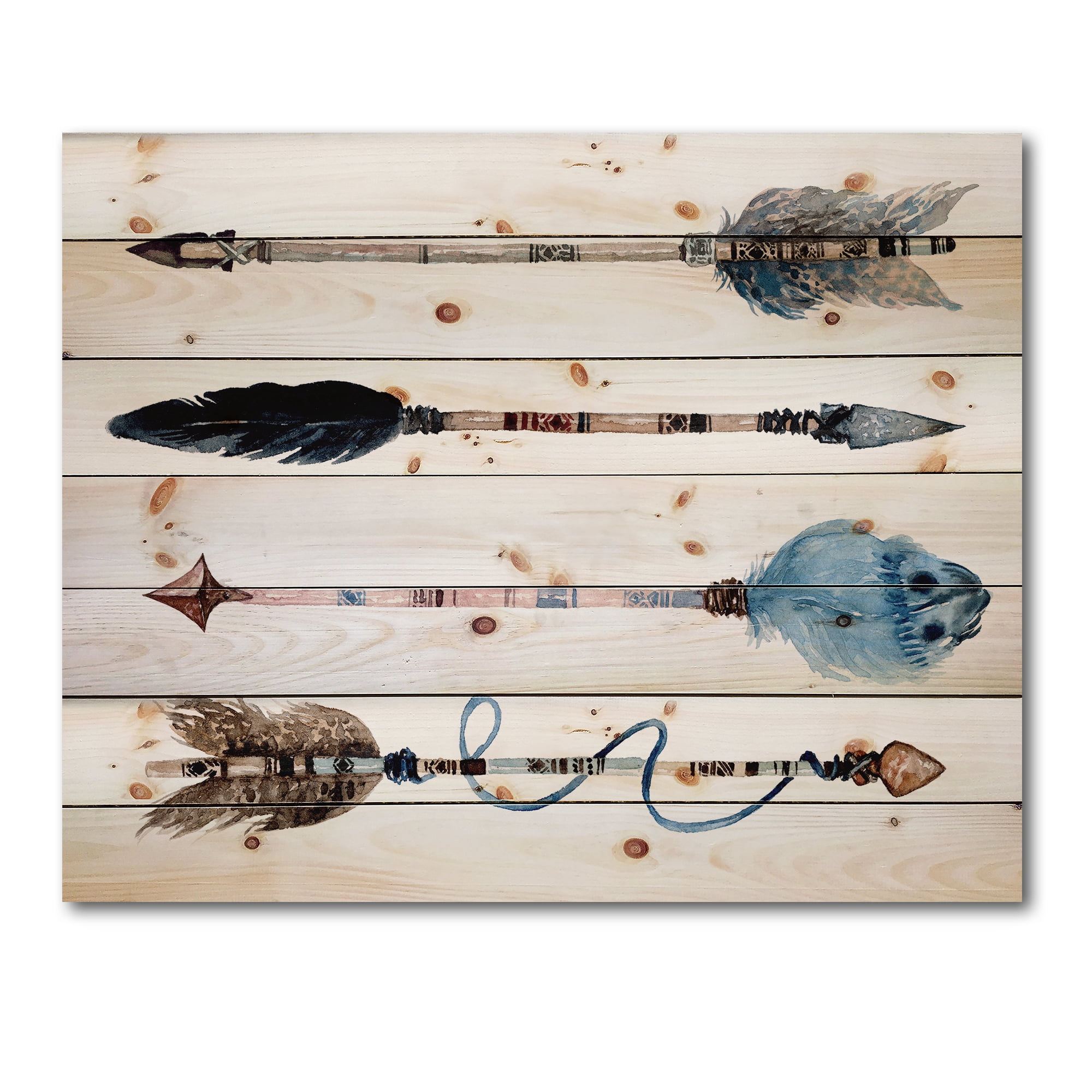 Designart 'Flowers and Ethnic Feathers On Native Arrows IV' Bohemian & Eclectic Print on Natural Pine Wood