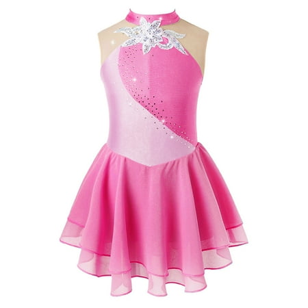 Miaeowve Kids Girls Sequins Sleeveless Lyrical Ballet Dance Dress Gymnastics Leotard Dress Chiffon Pink 10