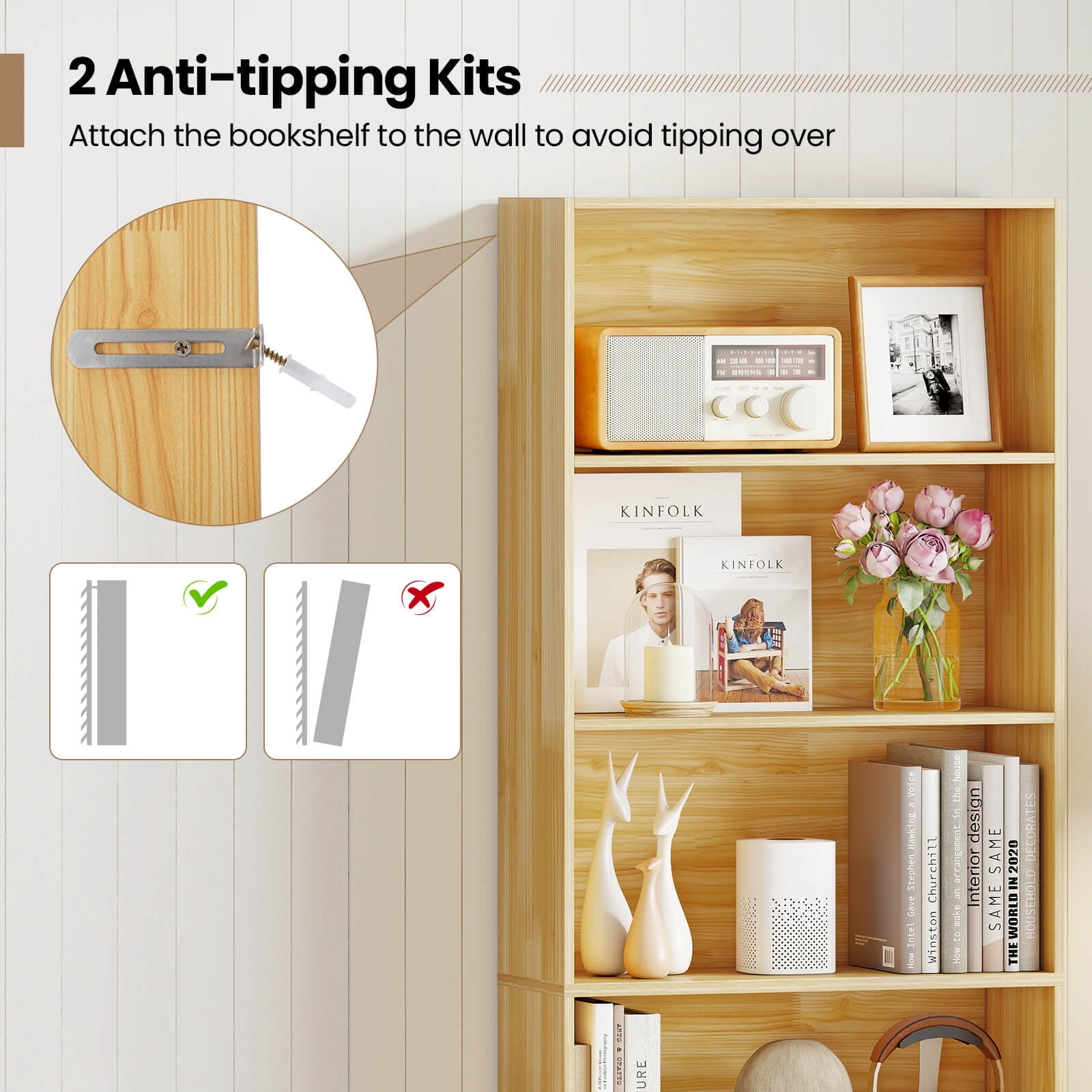 Costway 6-Tier Bookshelf with Open Shelves, Anti-Tipping Kits for Living Room Bedroom Study Beige